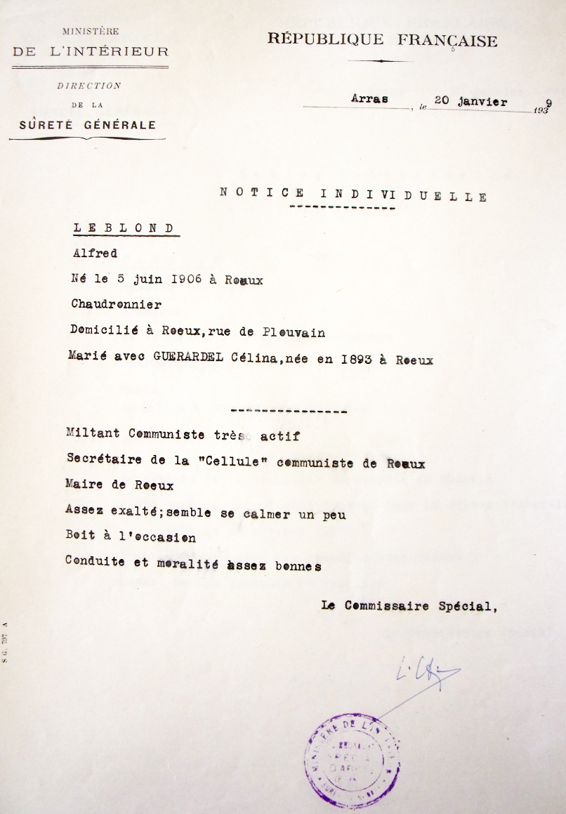 note de la Sureté Générale du 20 janv 39